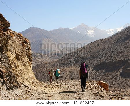 Group of backpackers trekking in Himalaya Mountains Annapurna Conservation Area Annapurna Circuit Trek Himalayas Nepal.
