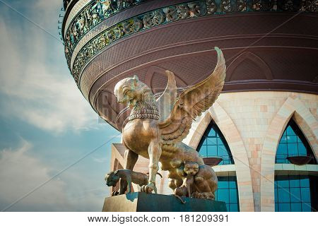 Beautiful view of the sculpture of a winged leopard with cubs in Kazan