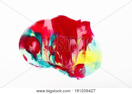 Creative abstract print, modern art, creativity, abstractionism. Curlicue of mixed vibrant paints, bright red, yellow and cyan colors isolated on white background.