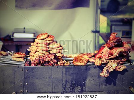 Street Food Stall With Grilled Sausages With Vintage Effect