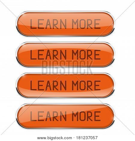 LEARN MORE orange oval buttons. Set of glass icons with chrome frame and reflection. Vector 3d illustration isolated on white background