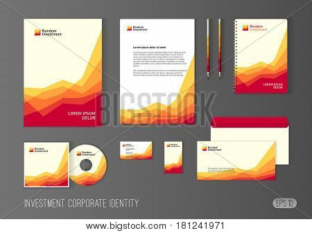 Corporate identity template for investment company, modern stationery template design stylized with charts for investment business. Brochure cover, letterhead, envelope, business card, pen, CD cover.