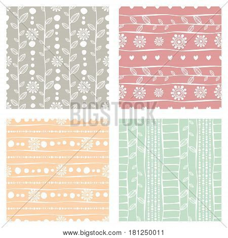Set Of Seamless Vector Pattern. Colorful Hand Drawn Endless Background With Ornamental Decorative El