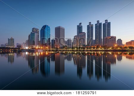 Bangkok city Skyscrapers Benjakiti Park in Thailand