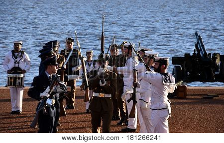 Canberra Australia - Mar 18 2017. Australian Federation Guard conduct small arms at Gallipoli Reach. AFG is a ceremonial unit made up from the Royal Australian Navy Army and Air Force.