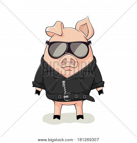Pink pig with black sunglasses and leather jacket isolated on white background, illustration.