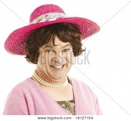 Retrato humorístico de un imitador de celebridad travesti.  Aislado en blanco.
