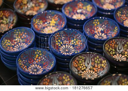Colorful ethnic turkish ceramic bowls with ornaments