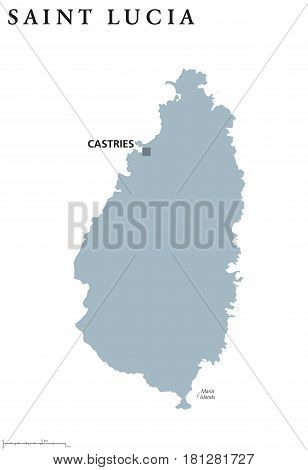 Saint Lucia political map with capital Castries. Caribbean island country and part of the Lesser Antilles and Windward Islands. Gray illustration isolated on white background. English labeling. Vector