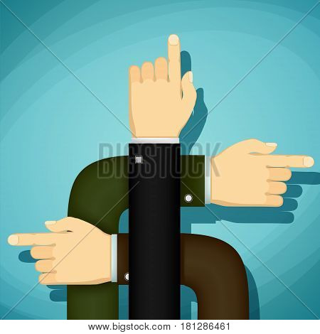 Human hands point the finger the direction. Stock Vector cartoon illustration.