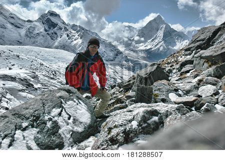 Man in the background of the Nepal mountains