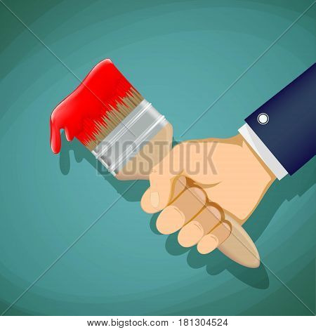 Man holds in his hand a paintbrush. Repair and construction. Stock Vector cartoon illustration.