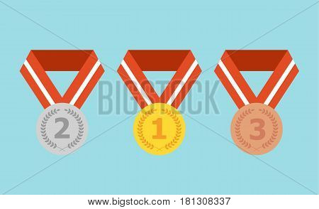 Set of gold, silver and bronze flat medals. Vector stock.