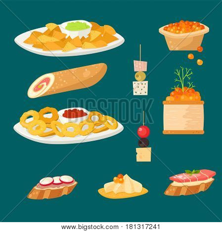 Various meat canape snacks appetizer fish and cheese banquet snacks on platter illustration. Cuisine buffet delicious. Vector tasty starter restaurant catering tartlet ham sandwich.