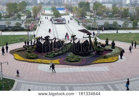 HANGZHOU - FEBRUARY 21: Park in Hangzhou view from Hangzhou East railway station in Hangzhou city, China, February 21, 2016.