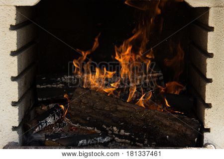 Firewood Burning Fire Flames On A Brazilian Churrasco