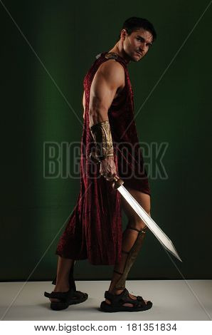 The hot looking medieval man is holding a sword.