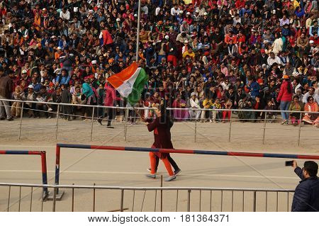 Show The Closure Of The Border Between India And Pakistan. Ceremony From India.
