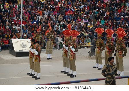 Show The Closure Of The Border Between India And Pakistan. Ceremony From India.
