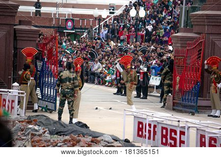 Show The Closure Of The Border Between India And Pakistan. Ceremony From India.