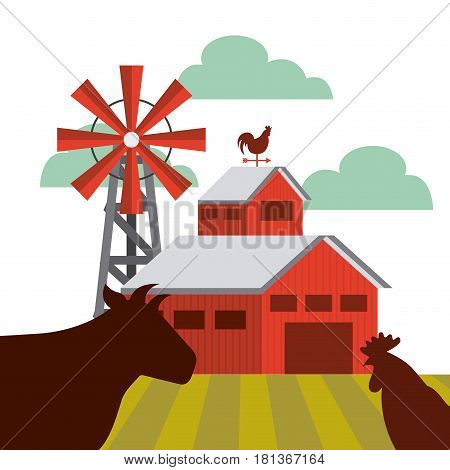 farm barn and silhouette of cow and chicken icon. colorful design. vector illustration