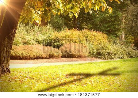 Close up of 3d wooden cross against trees and meadow in the park