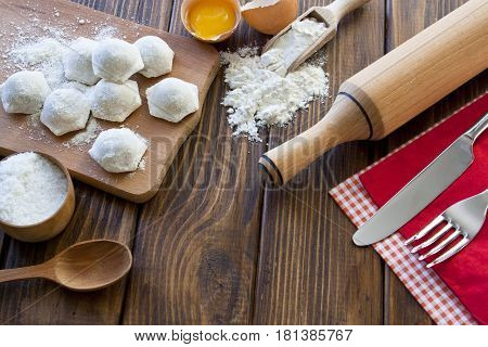 cooking delicious dumplings on a wooden table