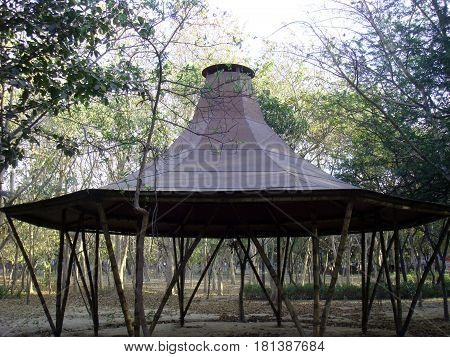 Shed by multiple bamboo sticks in park