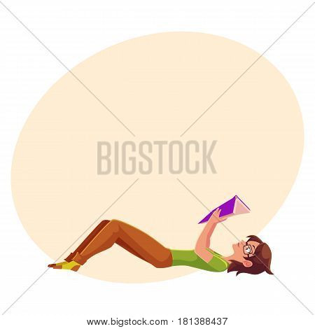 Full length portrait of girl, woman in glasses reading book while lying on her back, cartoon vector illustration with space for text. Girl, woman in glasses reading a book in lying position