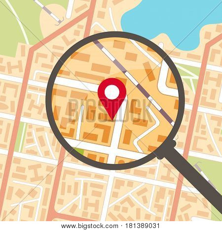 Generic city map background with magnifier and pinpoint. EPS10 vector illustration in flat style.