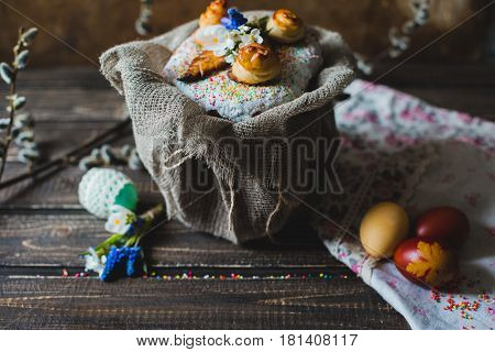 Traditional festive Easter cake and eggs for Easter