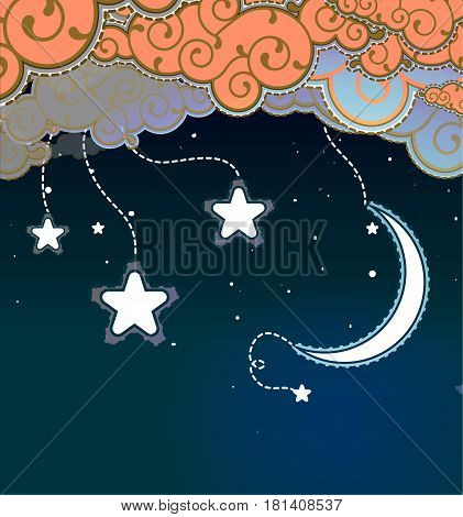 Cartoon style night sky with half moon