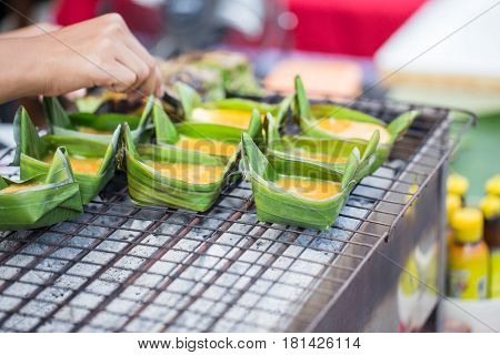 Kai-pam Or Grilled Egg On Banana Leaf Cup Thailand Northern Food.