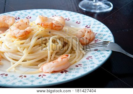 Italian spaghetti with lemon cream and shrimpitaly