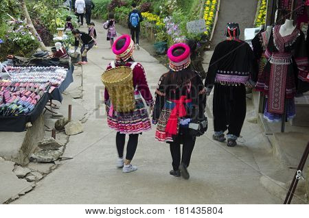 Thai People And Foreigner Travelers Wearing Costume Traditional Of Ethnic Hmong For Visit At Doi Pui