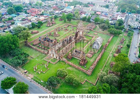 aerial view from drone: Wat Phra Sri Rattana Mahathat The famous public temple in Lop Buri THAILAND