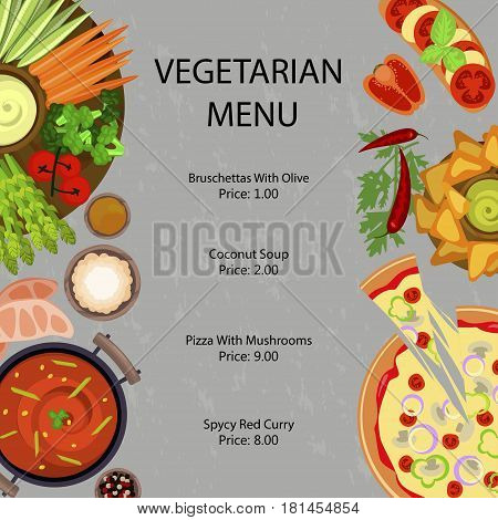 Vegetarian restaurant menu template with different dishes and salates. Vector illustration eps 10