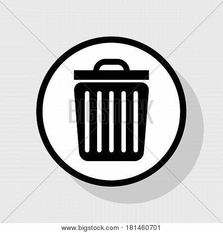 Trash sign illustration. Vector. Flat black icon in white circle with shadow at gray background.