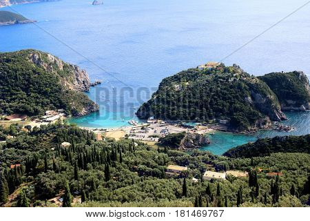 Sea view. Mountain view. Beautiful Paleokastritsa and ionian sea. Panorama of sea coast. Beauty in nature. Heart of Paleokastritsa