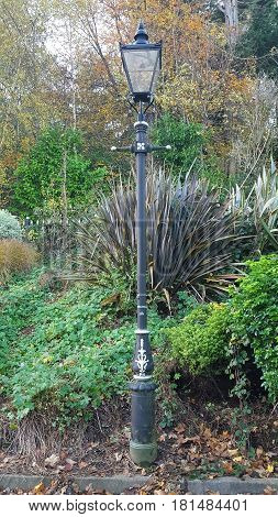 Old lamppost in a park with plants