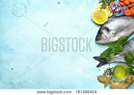 Uncooked Organic Dorado Or Sea Bream With Ingrediets For Making.top View With Copy Space.