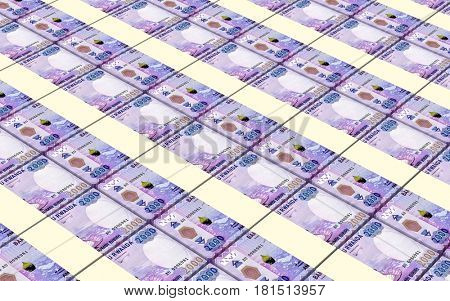Rwandan francs bills stacked background. 3D illustration.