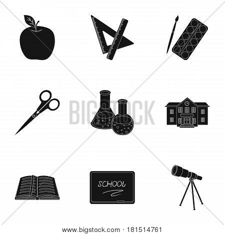 Set of pictures about the school. Study training. Supplies for school.Outfit of the student. School and eduacation icon in set collection on black style vector symbol stock web illustration.