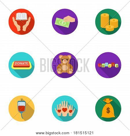 Charitable Foundation. Icons on helping people and donation.Charity and donation icon in set collection on flat style vector symbol stock web illustration.