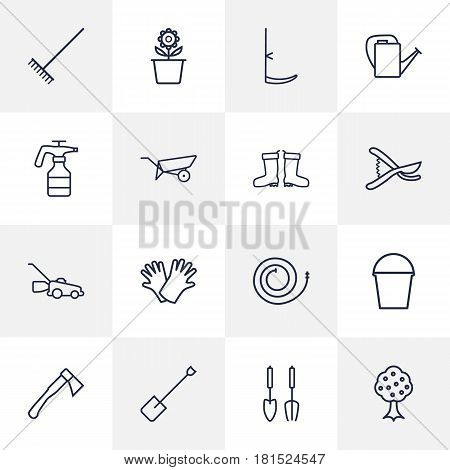 Set Of 16 Farm Outline Icons Set.Collection Of Safer Of Hand , Hatchet, Harrow Elements.