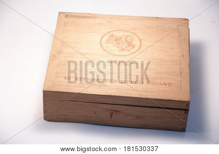 Thailand. April 09 2017 : An old cigar box. a wooden case of TIPZ's cigar of Holland. Vintage wooden cigar box of Holland. 09 April 2017.