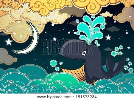 Cartoon style whale, night, half moon and clouds