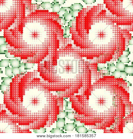 Pattern with red roses and green leaves. Style embroidery. Vector illustration