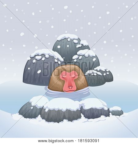 snow monkey japanese relaxing in onsen hot springs vector illustration