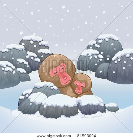 snow monkey japanese relaxing in onsen hot springs vector illustration